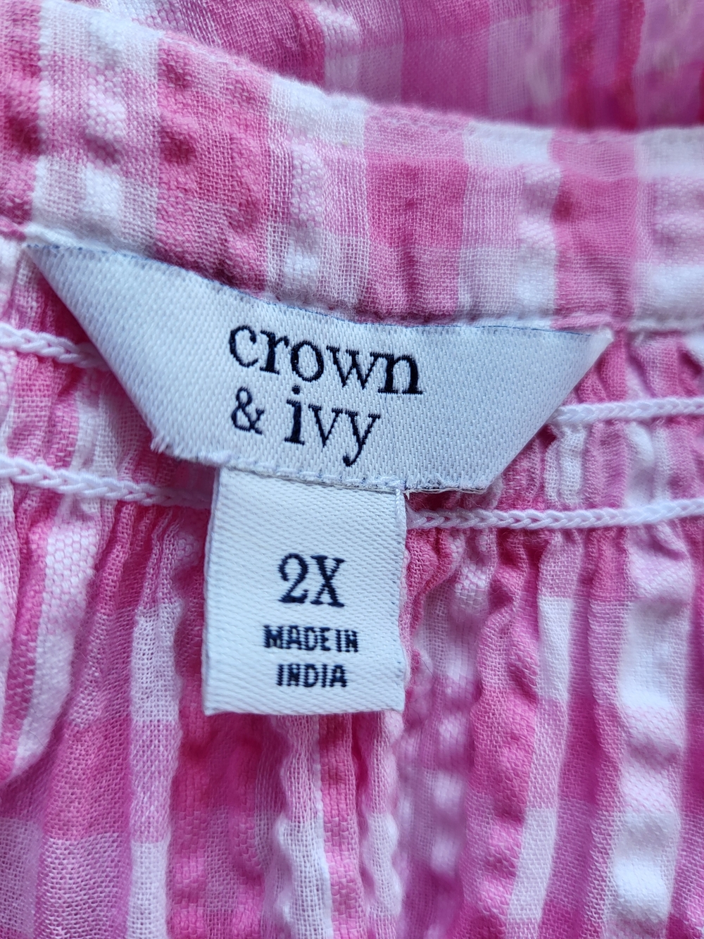 Crown & Ivy 2X Pink White Gingham Textured Cotton Blouse Puff Sleeve Top - Picture 5 of 6